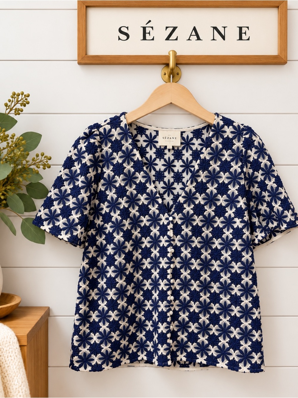 Sézane Emma Blouse – Blue & White – Size 34